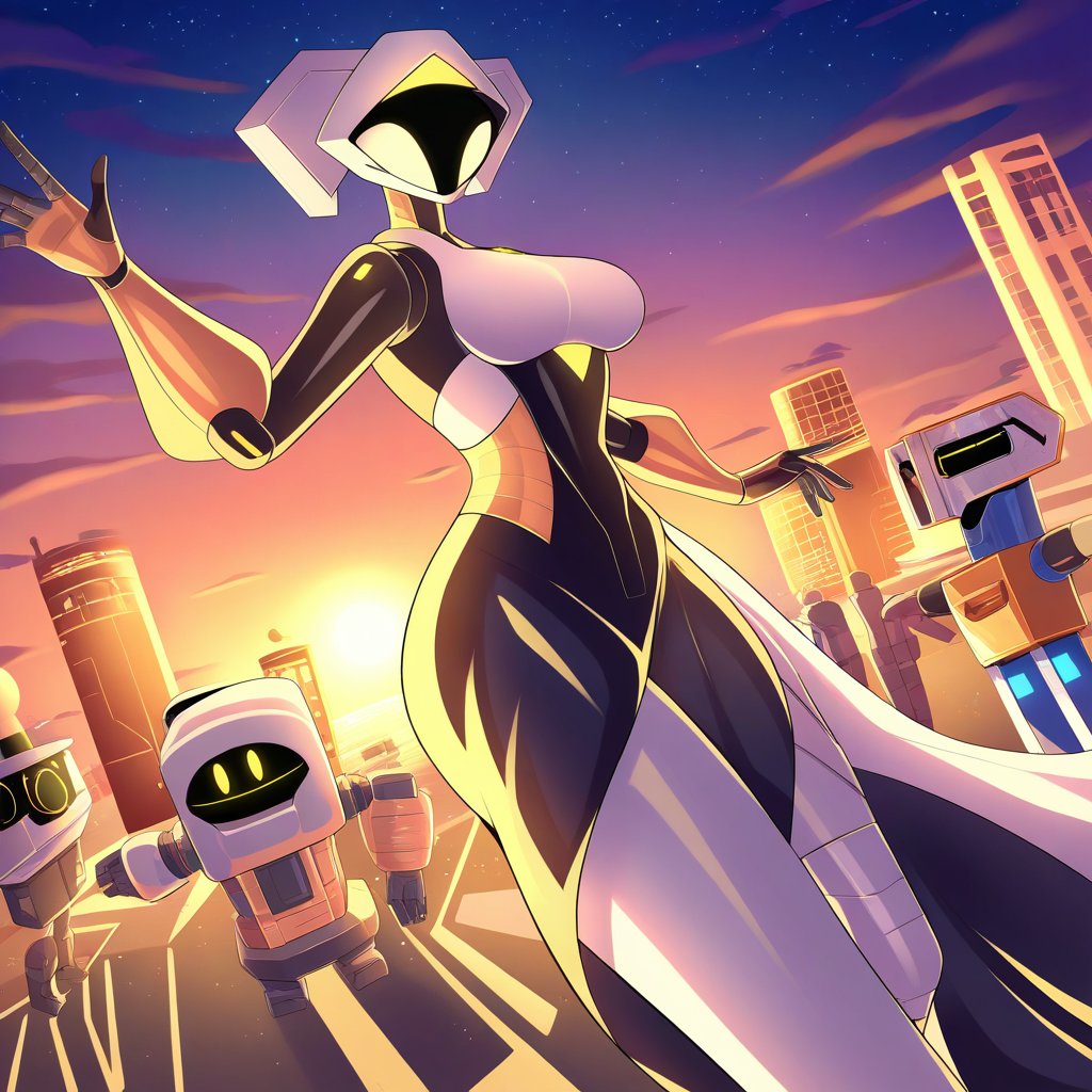 A vibrant scene of a woman dancing gracefully with several sleek,  futuristic robots in a whimsical cookie town,  where bu...