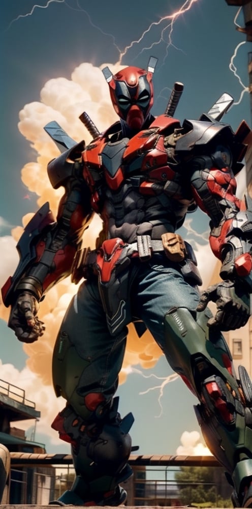 In a "meta-modified" pose, Deadpool flaunts with a wink and a thumbs-up, his persona now a unique fusion of human and machine. The artwork showcases his distinctive costume and the hybrid aesthetic that defines his character. The mood is both quirky and confident, reflecting Deadpool's trademark blend of eccentricity and self-assuredness., epic sky background with green storm, ambience of sunset, dual blade, action pose

Realistic, (masterpiece1.2), (Ultra HDR quality), detailed face, high detailed body, hitech armour, hitech weapon, deadly look, cybernetic, heavy hitech gun, glowing lightning, fantastic sky when sunset, mech, biomechanical, perfecteyes, Mecha, gold armor,SRS,RRS,MRS,FRS,RARS