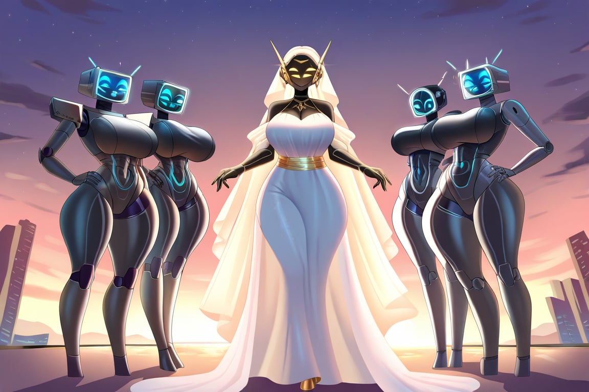 A vibrant scene of a woman dancing gracefully with several sleek,  futuristic robots in a whimsical cookie town,  where bu...