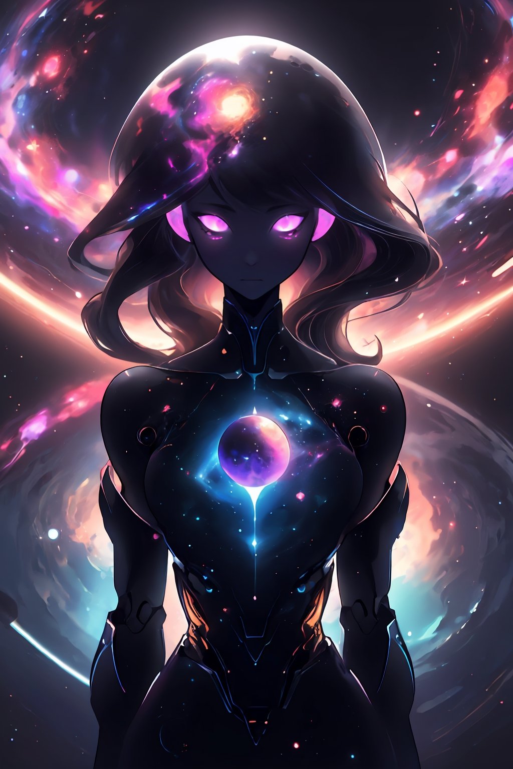 an amazing 3D anime-style illustration with beautiful woman, hourglass body,  ultra detail, broken robot matirial arrow the space, where a galactic nebula takes the form of a giant female figure. With a splendid play of black and violet-pink colors, this cosmic entity gracefully unfolds its arms, shaping and creating new solar systems in the vast universe. woman si-fi dress, beautiful face structure. The female silhouette highlights the majesty and power of this galactic being while bringing cosmic creation to life with elegant and determined movements, rainbow flare and lighting.

,xyzabcplanets,Celestial Skin ,Beautiful