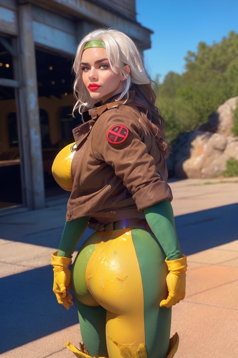 Rear view, 8k, best quality, real picture, intricate details, ultra-detailed, ultra highres, depth field,(photorealistic,realistic:1.2), masterpiece,, full body, large breast, rogue, green eyes, white hair, multicolor hair, messy hair, long hair, wavy hair, headband, bodysuit, lipstick, yellow gloves, solo_female, sun, blue sky, best quality, realistic, photorealistic, (intricate details:1.2), (delicate detailed), (cinematic light), clear line, sharp focus, realistic face, detailed body, unity 8k wallpaper, ultra high res, (photorealistic:1.4), looking at viewer ,round ass,Rogue,CARTOON_X_MENs_Rogue,ownwaifu, shiny lips