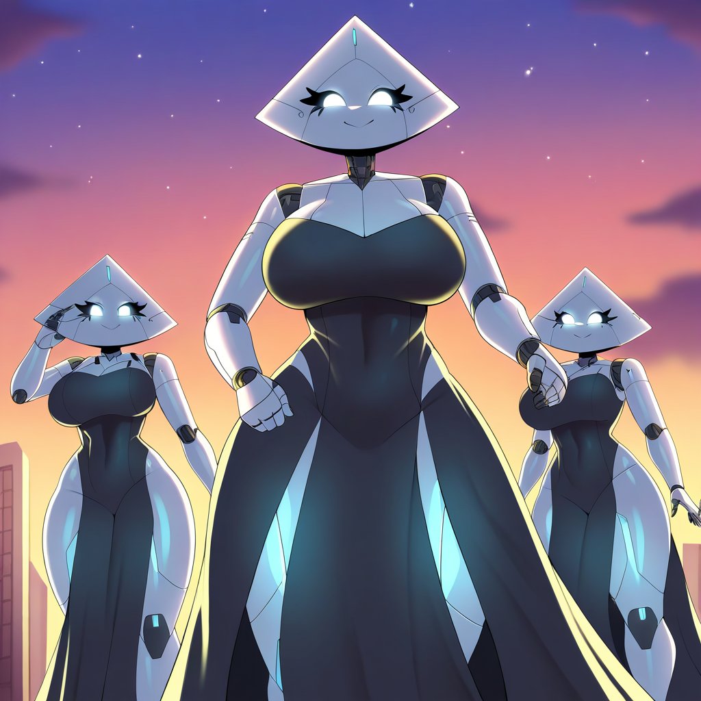 A vibrant scene of a woman dancing gracefully with several sleek,  futuristic robots in a whimsical cookie town,  where bu...