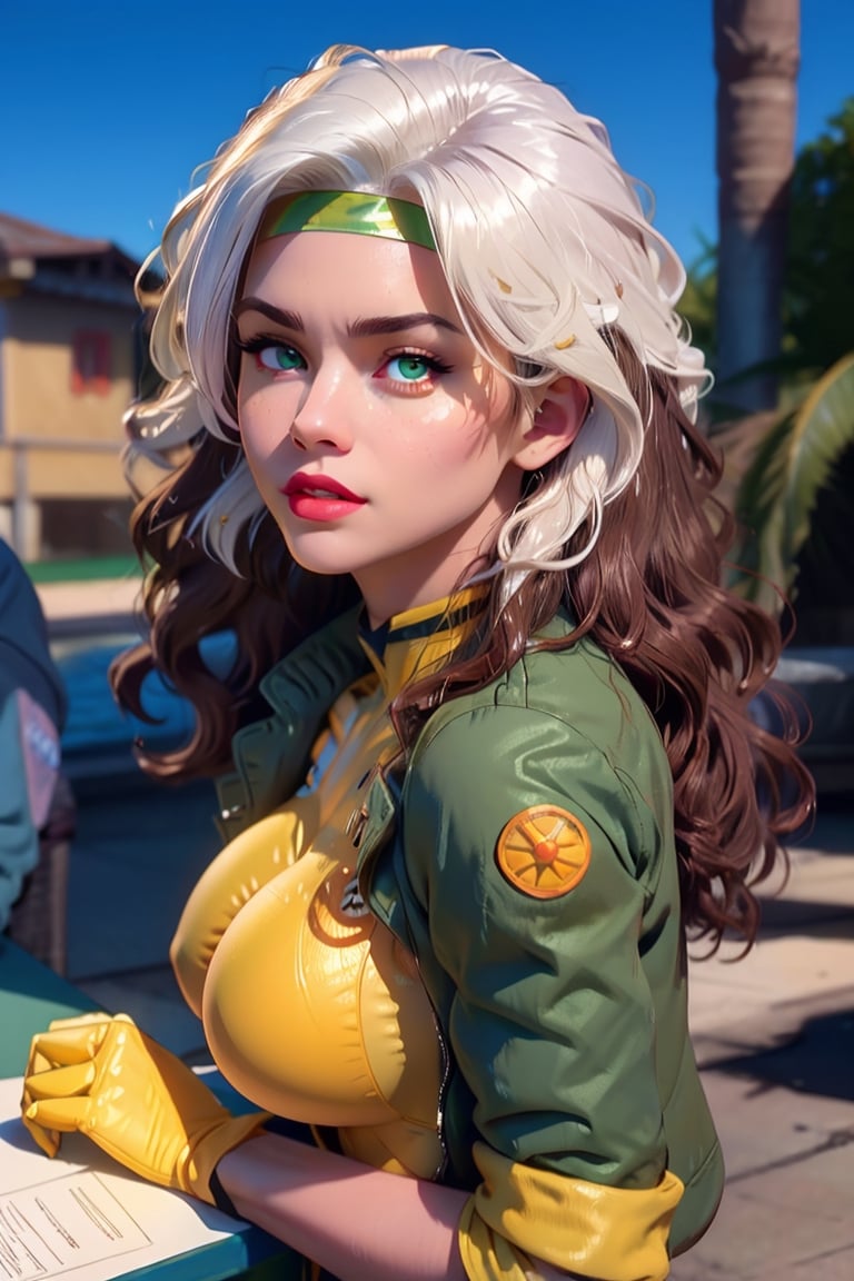 Rear view, 8k, best quality, real picture, intricate details, ultra-detailed, ultra highres, depth field,(photorealistic,realistic:1.2), masterpiece,, full body, large breast, rogue, green eyes, white hair, multicolor hair, messy hair, long hair, wavy hair, headband, bodysuit, lipstick, yellow gloves, solo_female, sun, blue sky, best quality, realistic, photorealistic, (intricate details:1.2), (delicate detailed), (cinematic light), clear line, sharp focus, realistic face, detailed body, unity 8k wallpaper, ultra high res, (photorealistic:1.4), looking at viewer ,round ass,Rogue,CARTOON_X_MENs_Rogue,ownwaifu, shiny lips