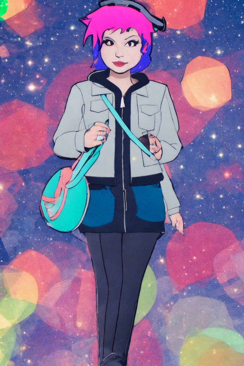 Ramona_Flowers,short hair,black eyes,1girl, solo, large breasts,looking at viewer,smile,BREAKgoggles on head, hoodie,grey jacket,long sleeves,shoulder bag,star (symbol),belt,denim skirt,purple pantyhose,(galaxy background:1.3),from above, , 1girl, Ramona Flowers