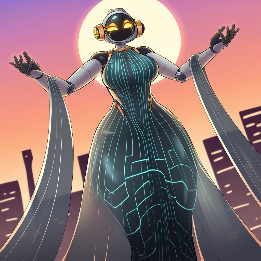 A vibrant scene of a woman dancing gracefully with several sleek,  futuristic robots in a whimsical cookie town,  where bu...