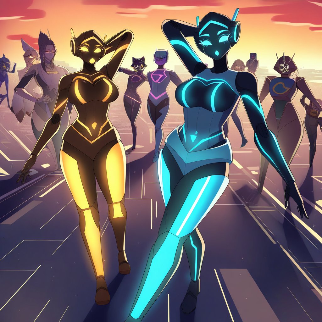 A vibrant scene of a woman dancing gracefully with several sleek,  futuristic robots in a whimsical cookie town,  where bu...
