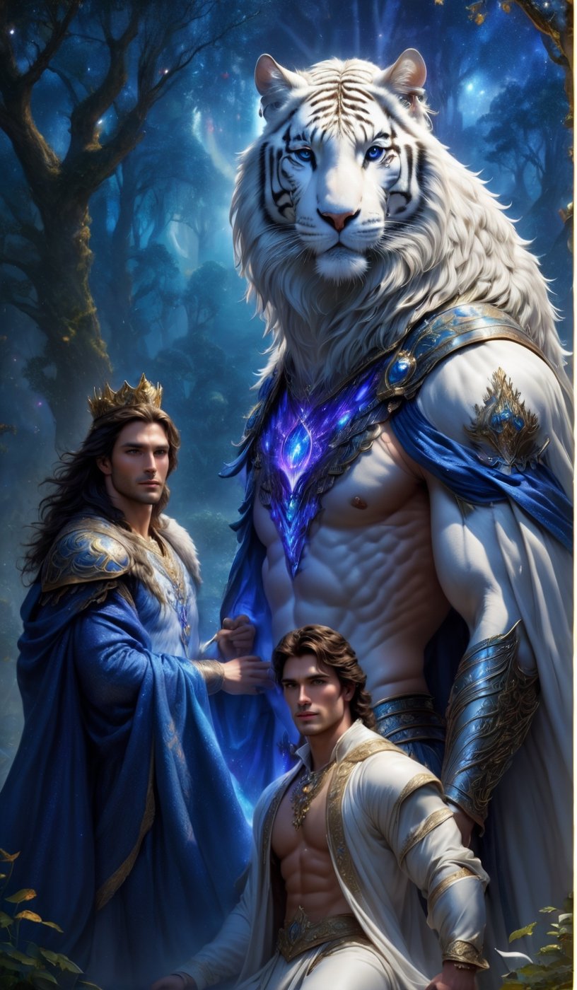 Create a (photorealistic):1,2 image of the highest quality featuring a male fairytale prince on a white tiger. Man full nude, emphasize his super muscular body, which is visible from under an expensive long cloak mantle trimmed with dark long fur, pay attention to his handsome face and large expressive gdazas. The horse on which he sits is a large, white one with a long mane. Detail the background of the fairyland and the field where the man is riding the horse. Atmosphere of the fairyland where magic, light and magic reign.big_cheeks,mexican_guy_BIG_DICK