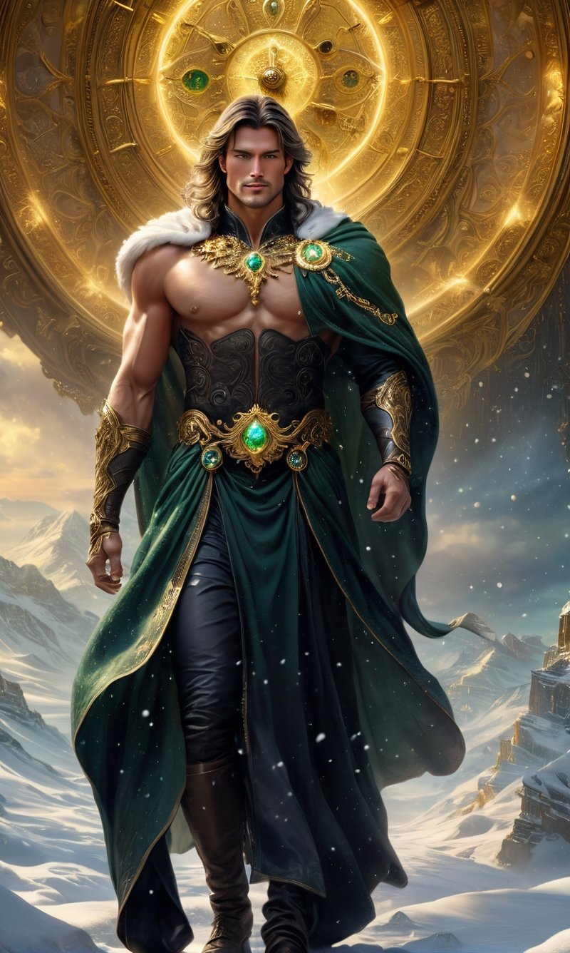 A muscular man stands naked in a wonderland, wearing a rich snow-white fur cape with a very long pile, from under which his extremely muscular body can be seen, the emphasis is on the male body. Above his head is a halo surrounded by a white cloud and golden holy light, the man is adorned with gold chains with precious stones, finger rings, a heavy belt with a band of gold with precious sparkling stones covering his penis. He has short blond hair with shaved temples and large expressive green eyes. A clock ticks in the distance. This scene seems like something out of the realm of fantasy or legend seen from above", DonMDj1nnM4g1cXL, , , , , , , , , ,DonMASKTexXL,mexican_guy_big_cheeks_black_hair_