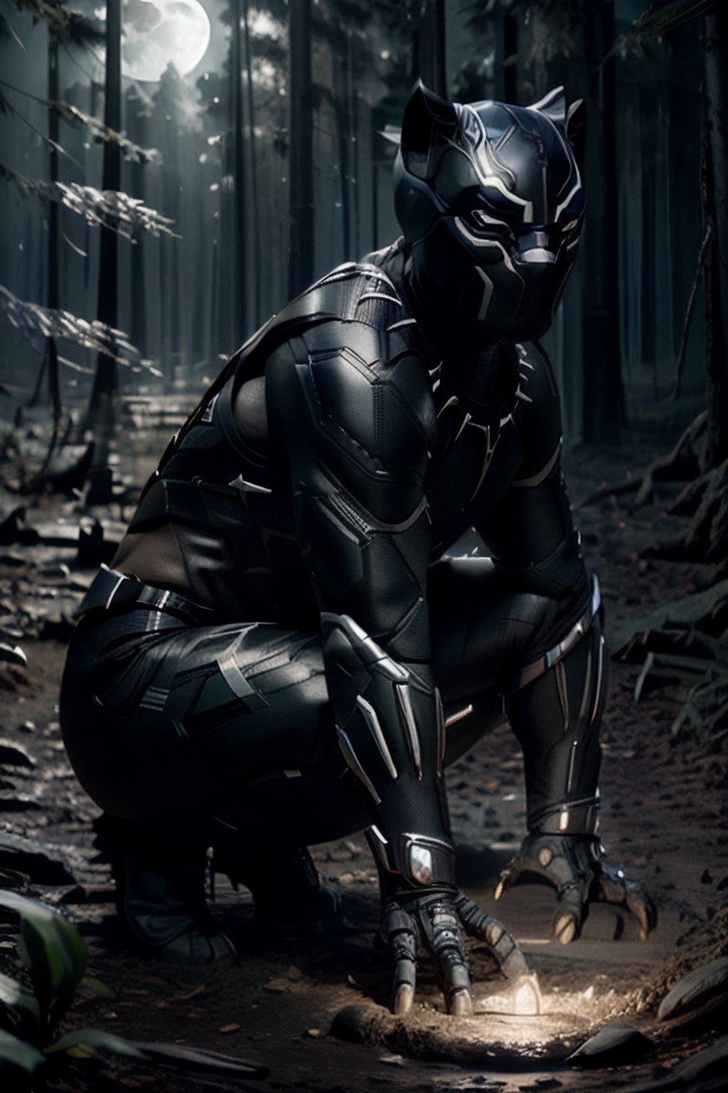 ((black panther marvel character)), ((crouched looking at tire tracks on dirt)), ((in the forest)), ((glowing white eyes)), ((full body shot)), wide shot, nighttime, midnight, realistic, detailed, ultra detailed realistic illustration, ultra high definition, 8k, unreal engine 5, ultra sharp focus, highly detailed, vibrant, cinematic production character rendering, very high quality model, hyper detailed photography, ultra detailed, detailed face, detailed eyes, realistic, detailed, ultra detailed realistic illustration, detailed face,whiteeyes,moonlight reflection,and white tiger humanoid versus