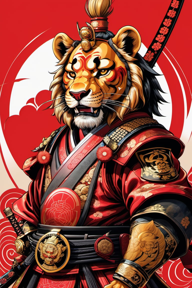 a small handsome lion in a samurai costume, showing teeth, waving a katana, high detail, a lot of small details,golden mane