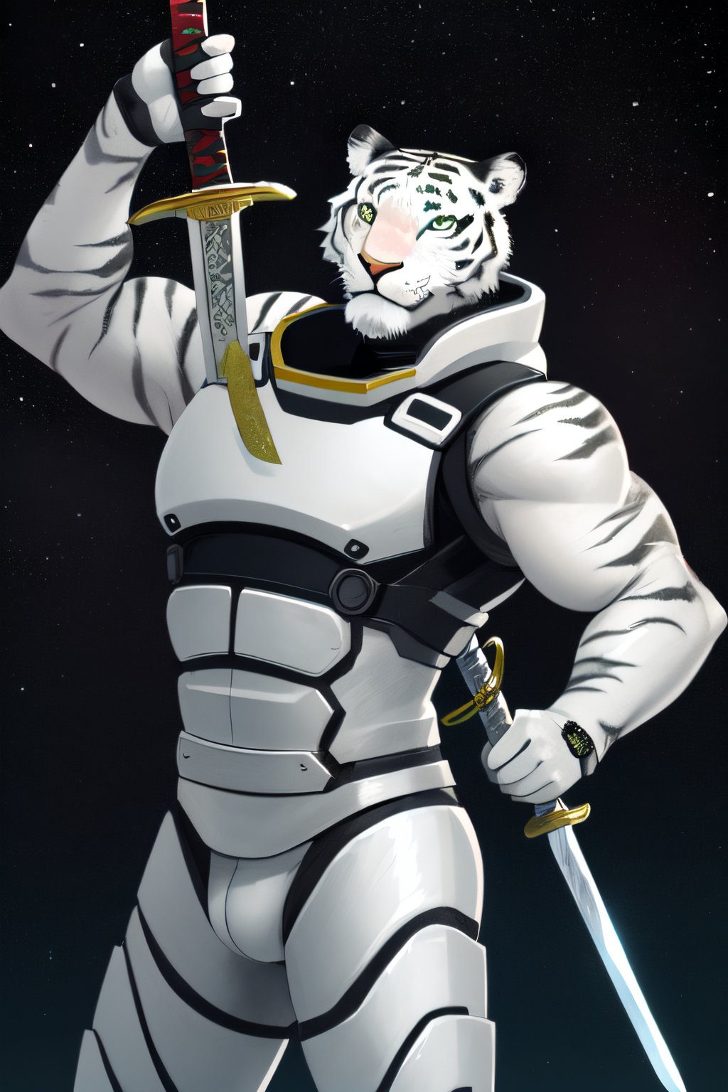 white tiger, mutant,solider,commander space, titan,muscle body, samurai style,humanoid,army, urmah warrior,ufo,green eyes,sword,big dick,samurai silver costum