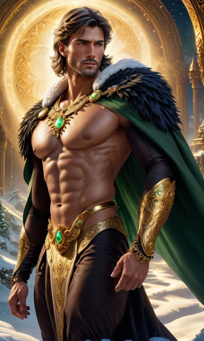 A muscular man stands naked in a wonderland, wearing a rich snow-white fur cape with a very long pile, from under which his extremely muscular body can be seen, the emphasis is on the male body. Above his head is a halo surrounded by a white cloud and golden holy light, the man is adorned with gold chains with precious stones, finger rings, a heavy belt with a band of gold with precious sparkling stones covering his penis. He has short blond hair with shaved temples and large expressive green eyes. A clock ticks in the distance. This scene seems like something out of the realm of fantasy or legend seen from above", DonMDj1nnM4g1cXL, , , , , , , , , ,DonMASKTexXL,mexican_guy_big_cheeks_black_hair_