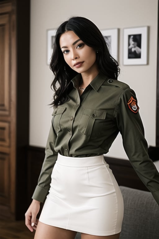 A stunning female soldier poses confidently, elegantly dressed in her crisp army fatigues, the tight pencil skirt accentuating her toned legs. The camera captures a close-up of her striking features, with precise photorealistic rendering (1.4). Her eyes, rendered with exceptional accuracy (1.4), sparkle with determination, framed by a subtle smile. The background is blurred, focusing attention on her commanding presence.