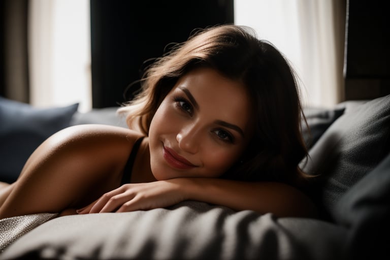 A platinum blonde beauty reclines on her plush couch, bathed in the soft glow of moonlight seeping through a window. Her striking brown eyes with subtle highlights sparkle with sultry intent, and full lips curve into a inviting smile directed at the viewer. The camera captures her relaxed pose, cradled by a pillow against a backdrop of deep shadows. F/2.8 aperture and diffused lighting create an intimate atmosphere, as if caught in a private moment. perfect eyes