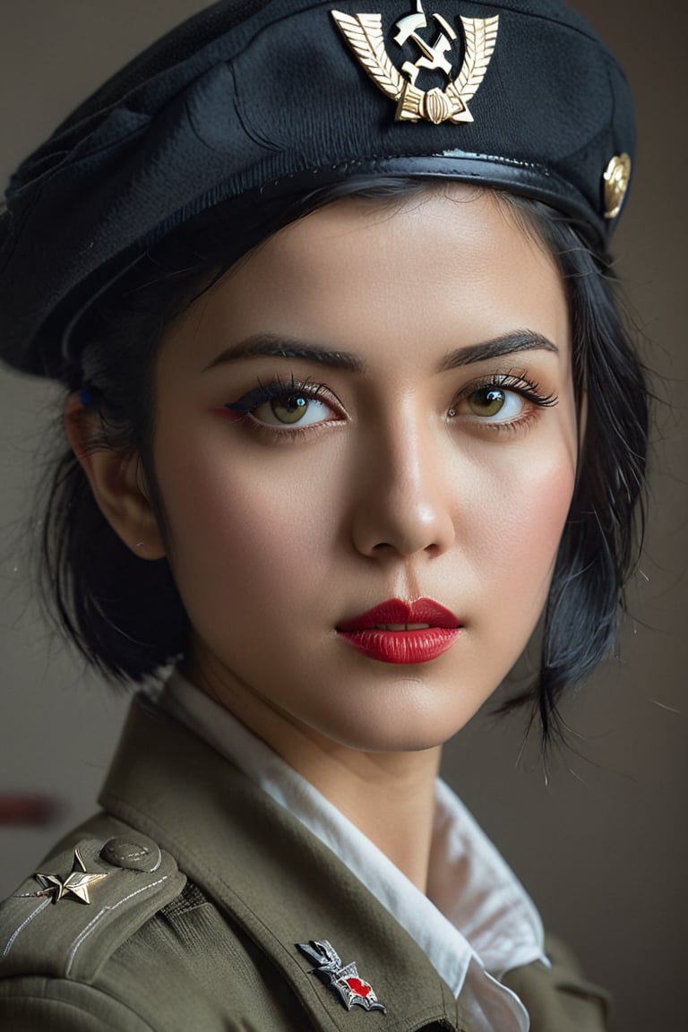 A striking portrait of a determined young woman fills the frame, her gaze direct and unyielding. Soft overhead lighting accentuates her features, with highly detailed eyes that seem to pierce through the lens. Her short black hair is styled neatly beneath the garrison cap, adorned with a hammer and sickle emblem, exuding a sense of patriotism. The curves of her body are showcased by the sexy lingerie, as she confidently holds a bolt-action rifle. Beauty radiates from every pore, captured in photorealistic detail that seems almost tangible.