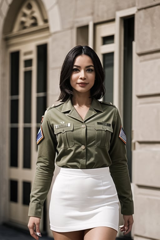 A stunning female soldier poses confidently, elegantly dressed in her crisp army fatigues, the tight pencil skirt accentuating her toned legs. The camera captures a close-up of her striking features, with precise photorealistic rendering (1.4). Her eyes, rendered with exceptional accuracy (1.4), sparkle with determination, framed by a subtle smile. The background is blurred, focusing attention on her commanding presence.