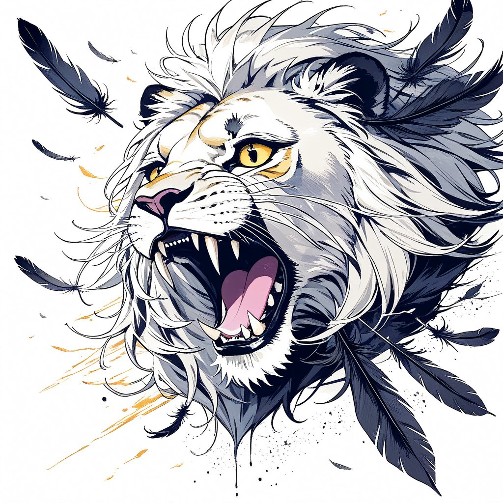 An eye-level painting of a lion with its mouth open. The lion's head is facing towards the left side of the frame. Its mouth is open, revealing sharp teeth. Its fur is a mix of white, black, and yellow. The background is a light blue, with a few white clouds scattered across it. There are black feathers on the left and right sides of the image, adding a pop of color to the scene.