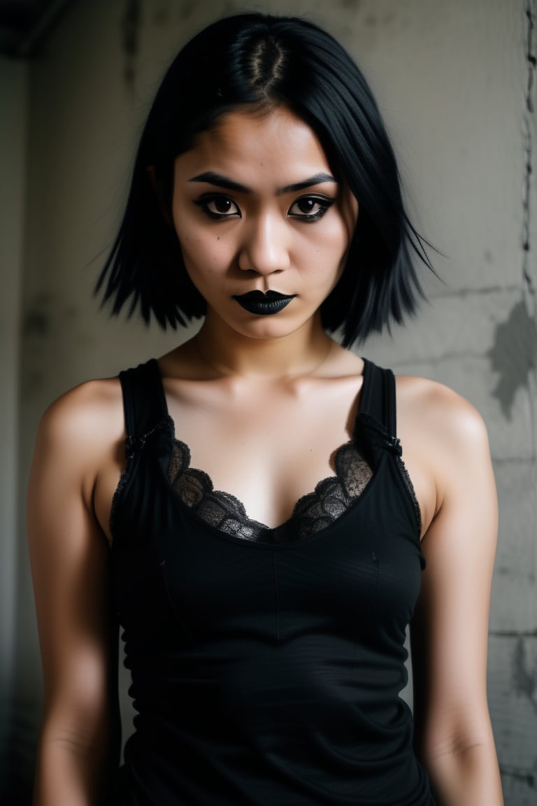 Mysterious gaze of an Indonesian goth woman pierces through the lens as she stands confidently before a distressed concrete wall in a moody, high-contrast studio setting. Tight tank top showcases porcelain skin and raven hair against a backdrop of warm, film-like tones with subtle grain and texture. Her enigmatic expression holds focus as her piercing eyes lock onto the camera. The framing is tight, with the subject's body forming a diagonal line that draws the viewer's eye to her captivating gaze, where black lipstick and lace accents add an air of mystique. full body, 