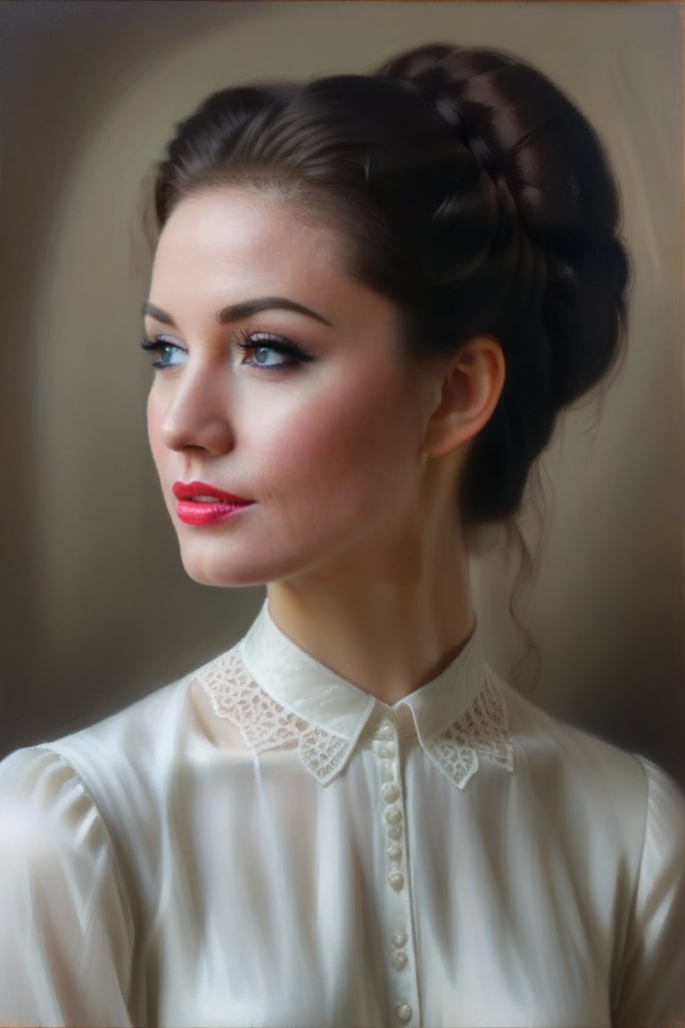 The image contains a woman who appears to be dressed in a simple white blouse, indicated by the style of her dress and the overall aesthetic. Key features to note include her hairstyle, makeup, and the delicate lace detailing on her garment. The lighting and setting suggest a calm and serene atmosphere, possibly intended to evoke a sense of tranquility or introspection. The focus on the woman's profile adds a layer of depth to the portrait, inviting viewers to consider her thoughts or emotions.

