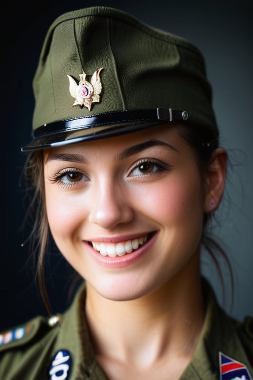 Close-up shot on a young female soldier standing proudly, wearing a realistic military uniform with garrison cap and belt. Her dark hair is tied back under the cap, and her bright smile beams with confidence as she grips a worn bolt-action sniper rifle in one hand. Mischief sparks in her eyes, hinting at battle-readiness. Shot taken with high-quality DSLR camera (Fujifilm XT3 or Nikon D5) using 50mm lens, resulting in crisp textures and film grain aesthetic.