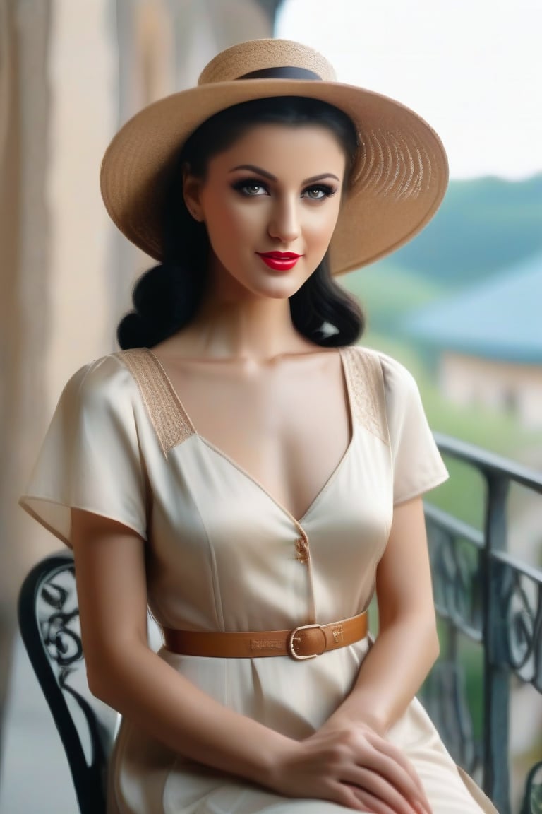 look at camera portrait of elegant woman with long black hairstyle, sitting on the balcony, in a light summer dress in a straw hat, in the style of movie still, y2k aesthetic, light bronze and dark amber, romantic charm, blink-and-you-miss-it detail, elegantly formal