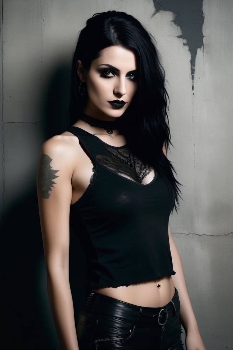 Studio photography: A moody, high-contrast shot of a stunning goth woman posing confidently in front of a distressed concrete wall. She wears a tight-fitting tank top without a bra, her porcelain skin and raven hair drawing attention to her striking features. The analog photograph has a warm, film-like quality, with subtle grain and texture. Her eyes seem to pierce through the darkness as she gazes directly at the camera. The framing is tight, with the subject's body forming a diagonal line that leads the viewer's eye to her enigmatic expression.