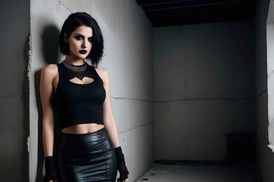 A goth woman stands confidently before a distressed concrete wall in a moody studio setting, warm lighting with subtle grain and texture illuminating her porcelain skin and raven hair against the dark background. As she gazes directly at the camera, her eyes seem to bore into the soul, expression morphing from enigmatic to malevolent. Her body forms a diagonal line, drawing attention to her unsettling grin as she speaks in a hushed tone, You shouldn't be here. The tight tank top accentuates her physique, highlighting her navel piercing, while short pencil skirt and black stockings seem to add a macabre touch. Suddenly, the lighting flickers, and the concrete wall begins to crack and crumble, as if the very fabric of reality is unraveling before our eyes.