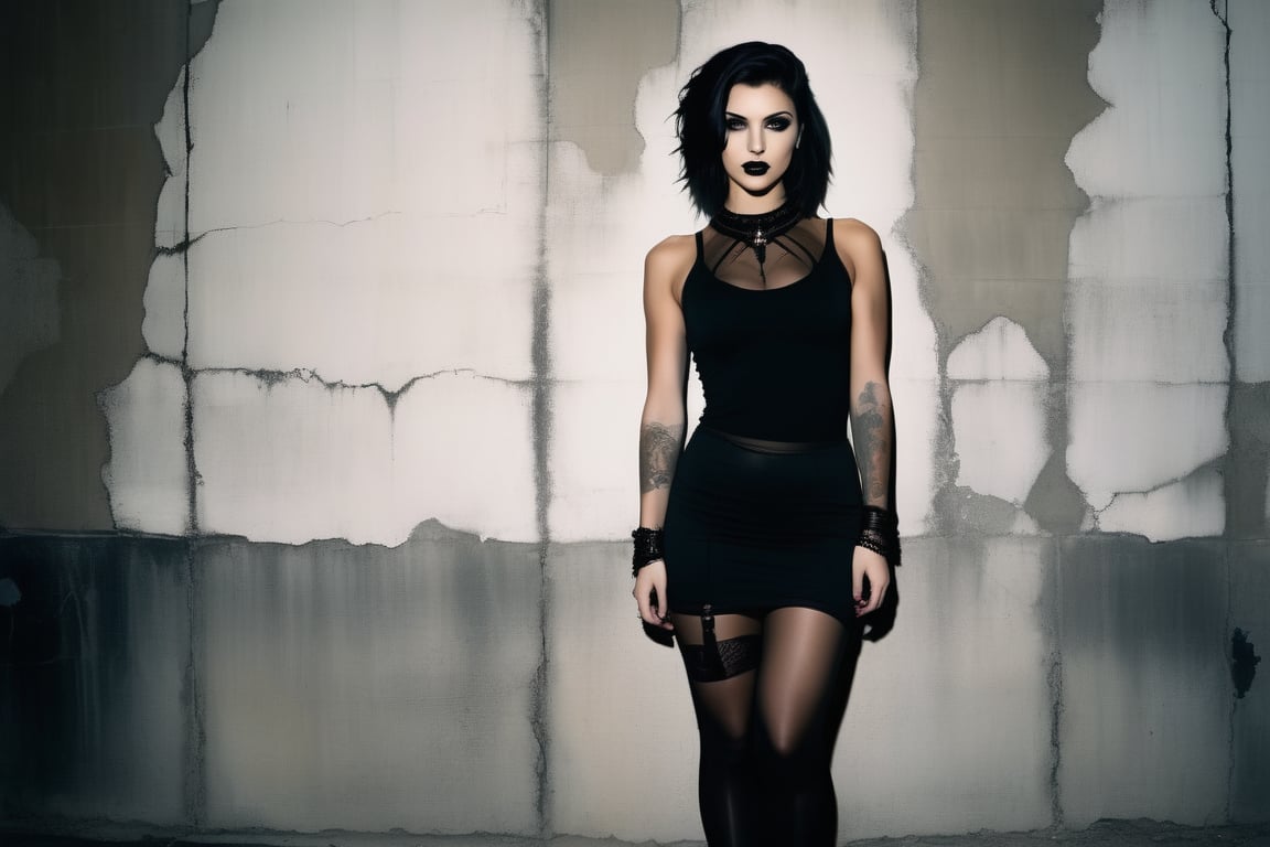 A goth woman stands confidently in front of a distressed concrete wall in a moody studio setting, warm lighting with subtle grain and texture illuminating her porcelain skin and raven hair against the dark background. She gazes directly at the camera, expression morphing from enigmatic to malevolent as she speaks in a hushed tone: You shouldn't be here. The tight tank top accentuates her physique, highlighting her navel piercing, while short pencil skirt and black stockings add a macabre touch. Suddenly, the lighting flickers, and the concrete wall begins to crack and crumble. As the woman's grin widens, a ghostly figure materializes beside her, transparent eyes fixed on the camera with an unsettling intensity, its ethereal form seeming to be pulled towards the crumbling wall.