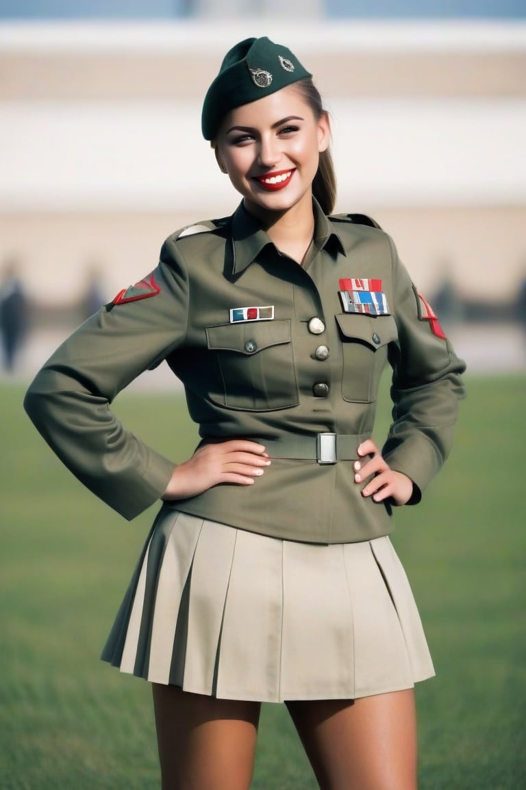 Beautiful young female soldier, in skirt, standing with a smile on her face