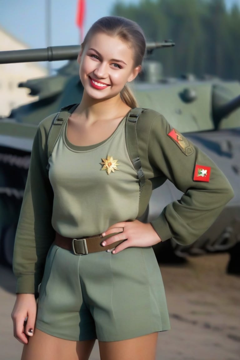 Beautiful young Russian female soldier, in skirt, standing with a smile on her face, tank top and shorts, no cap or hat