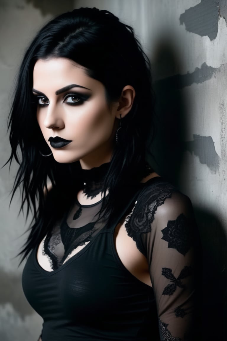 Studio photography: A moody, high-contrast shot of a stunning goth woman posing confidently in front of a distressed concrete wall. She wears a tight-fitting tank top without a bra, her porcelain skin and raven hair drawing attention to her striking features. The analog photograph has a warm, film-like quality, with subtle grain and texture. Her eyes seem to pierce through the darkness as she gazes directly at the camera. The framing is tight, with the subject's body forming a diagonal line that leads the viewer's eye to her enigmatic expression.