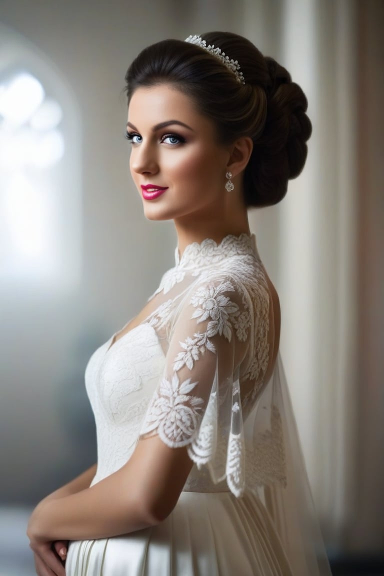 The task is to annotate the image by describing its content using natural language. The image contains a woman who appears to be dressed in bridal attire, indicated by the style of her dress and the overall aesthetic. Key features to note include her hairstyle, makeup, and the delicate lace detailing on her garment. The lighting and setting suggest a calm and serene atmosphere, possibly intended to evoke a sense of tranquility or introspection. The focus on the woman's profile adds a layer of depth to the portrait, inviting viewers to consider her thoughts or emotions.

