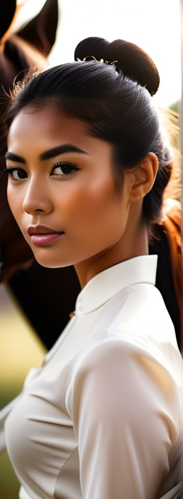 A stunning bokeh-inspired portrait of an Indonesian woman riding confidently on horseback, gaze direct at the camera amidst black locks framing her features. Tight white breeches and crisp blouse accentuate her figure, with subtle hint of cleavage. Moody lighting casts warm glow on skin, contrasting cool tones of attire. A bow adorns her head, adding whimsy to this photorealistic scene where fantasy and equine elegance converge, beauty reigning supreme in a world where reality meets fantasy.