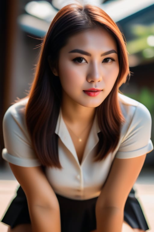 Photorealistic, ultra highly intricate detailed, professional photo of an Asian girl squatting extremely close in front of the viewer, (((facing the camera directly:1.4))),  Full-body shot, wearing a short skirt and a low-cut blouse, squatting low with hands on the ground, ready for action or play. The scene uses portrait lighting with subpixel rendering and smooth vertex shading. The image should be of the best quality, sharp focus, masterpiece, 8k high definition, insanely detailed and intricate (1.1). The scene includes bokeh effects and is captured from a worm's-eye view.