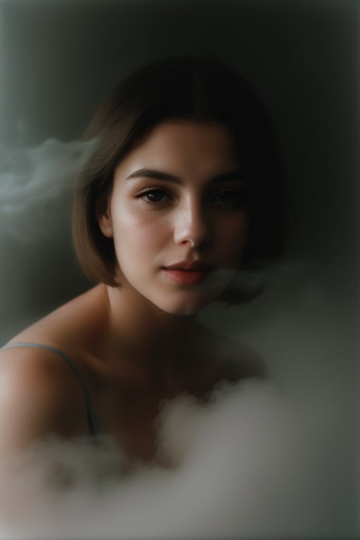 A hazy, out-of-focus portrait of a breathtakingly beautiful young woman by Sarah Moon. The platinum blonde, 90s bob hairstyle appears as a soft, wispy halo around her face. Her translucent skin glows with an ethereal quality, while seem to hold secrets. Framed against a backdrop of foggy clouds, the image is bathed in a dreamy, Kodak film-like haze. Every feature - from perfectly defined edges to ultra-realistic anatomy - seems almost palpable, as if the subject might step out of the mist at any moment. fog, clouds, smoke