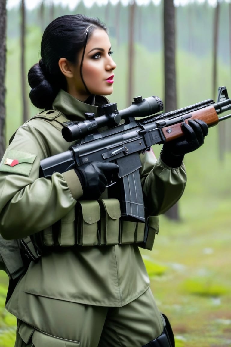 black hair woman ak 74 gun rainy tarkov woods military uniform female soldier outdoor shooting range tactical equipment combat simulation firearms training adventure in nature