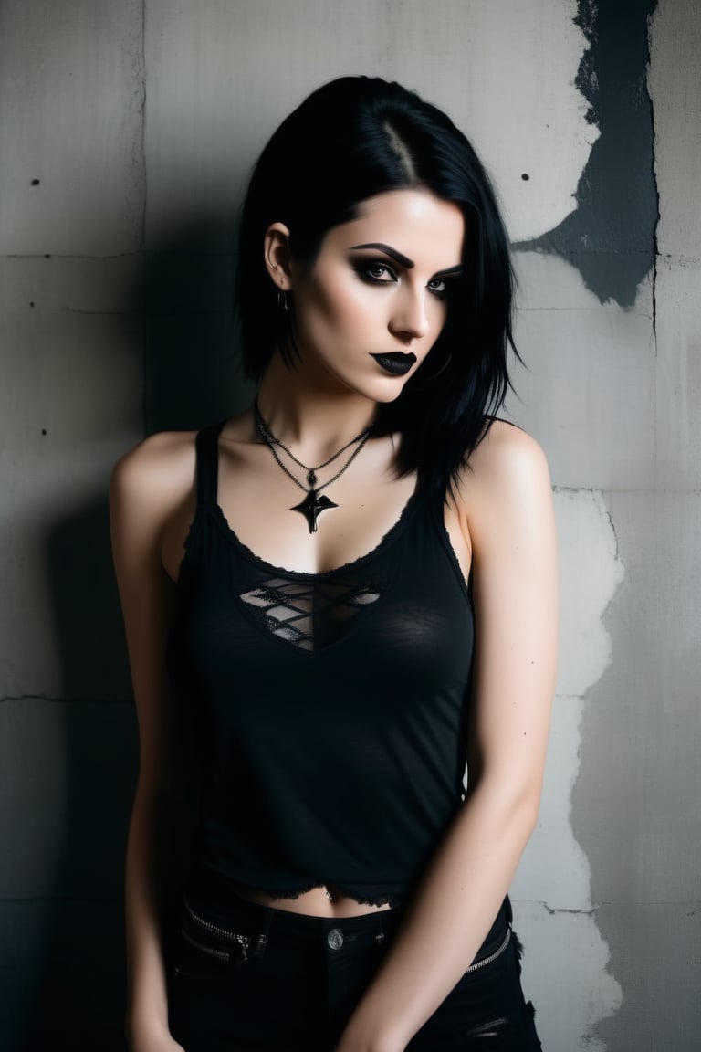 A moody, high-contrast shot of a stunning goth woman posing confidently in front of a distressed concrete wall. She wears a tight-fitting tank top without a bra, her porcelain skin and raven hair drawing attention to her striking features. The analog photograph has a warm, film-like quality, with subtle grain and texture. Her eyes seem to pierce through the darkness as she gazes directly at the camera. The framing is tight, with the subject's body forming a diagonal line that leads the viewer's eye to her enigmatic expression.