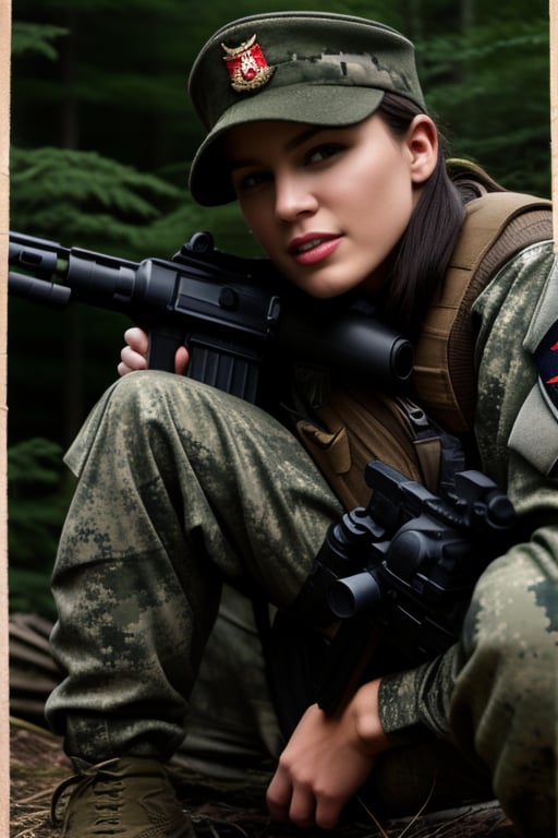 A female soldier, dressed in military attire and camouflage gear, sits confidently in a forest background. The subject wears long sleeves, a hat, and boots with brown footwear. Their pants are adorned with knee pads. In their grasp is an assault rifle, with a pouch attached to the belt. A gun lies by their side, as they gaze directly into the camera lens. The framing emphasizes their full-body pose, capturing every detail of their military uniform.,(((photorealism:1.4)))