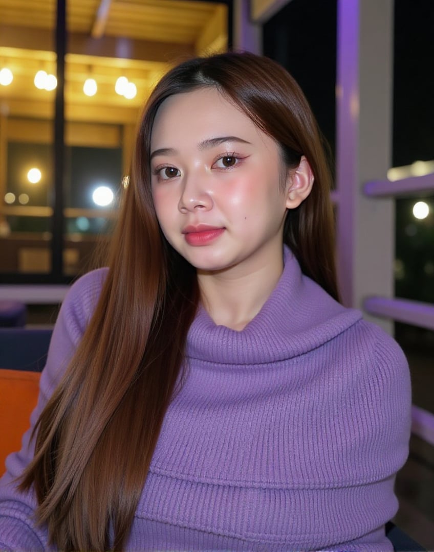  The medium shot photograph captures asian girl in with long, straight brown hair, wearing a cozy, purple sweater and have soft makeup, including pink lipstick and subtle blush, which enhances their natural beauty. Their eyebrows are well-defined, and their skin is fair with a smooth complexion. The background appears to be an outdoor scene with blurred elements, likely a window behind them, creating a soft and inviting atmosphere. The lighting is balanced, highlighting their facial features and the texture of the sweater.