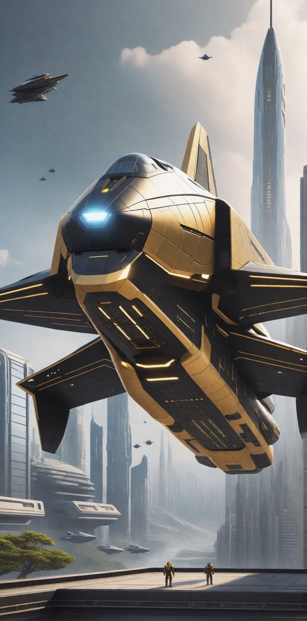  high detail, high tech armor Black and Gold colour, Science Fiction, Futuristic fighter ship Landed on Platform high up in a futuristic city,  Futuristic fighter ship, yofukashi background