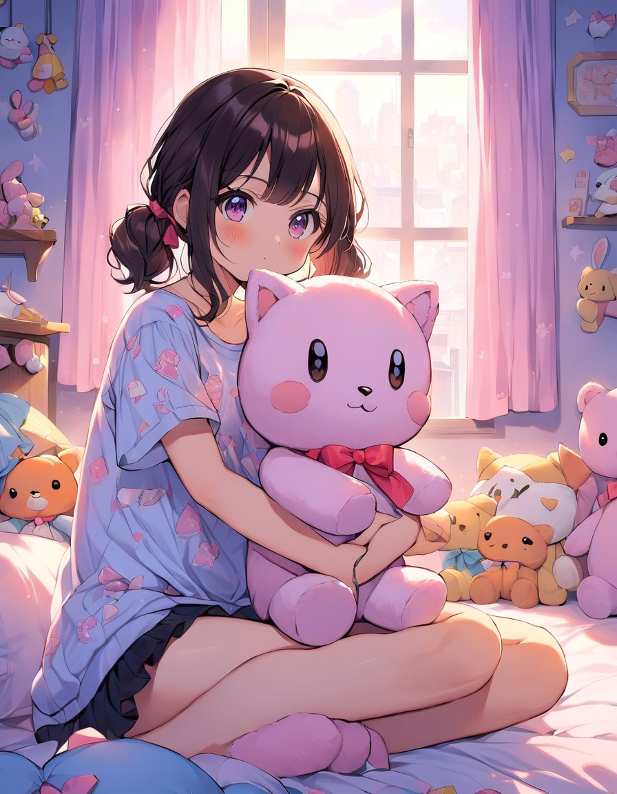 A cute Anime girl playing with a soft toy in her bedroom by Ai boo on Tensor.Art