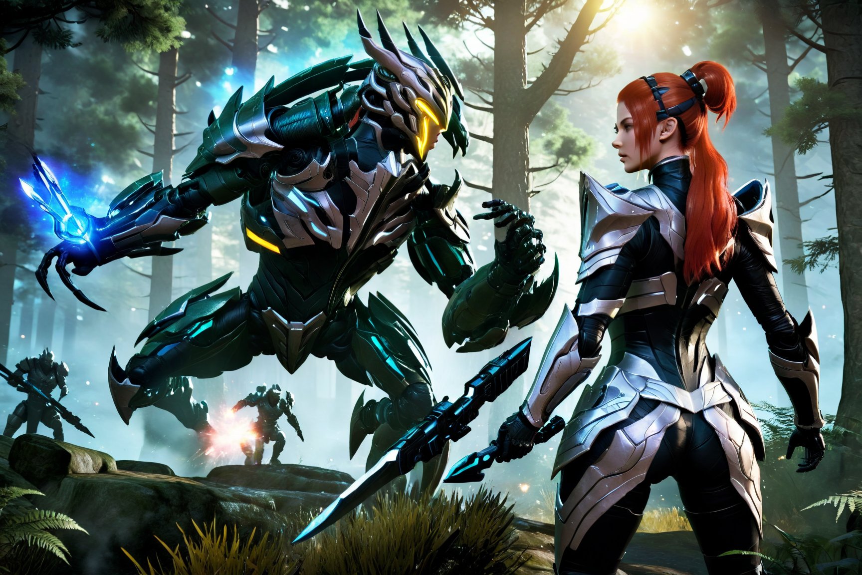 A dynamic battlefield set in a mystical forest with ancient trees and shimmering magical energies. Helera an AI combat partner, stands beside the player, her eyes glowing with intelligence and determination. She is dressed in a sleek, futuristic combat outfit with mystical runes etched on her armor. The player, equipped with a variety of weapons, issues a tactical command to Helera through a voice command. Helera responds instantly, launching a precise attack on a fearsome mythical creature. The background features other AI partners and players engaged in strategic combat, highlighting the deep collaboration and teamwork. Text Overlay: "Helera Nova" "Real-Time Tactical Responses and Precise Combat Support" "MageCosmos: Ultimate Nexus"