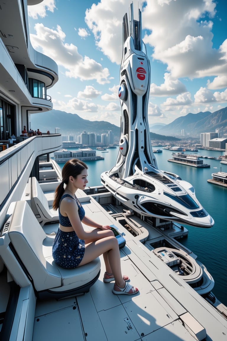 A girl sits at a busy roof top outdoor resturant, the balcony has chrome railings, white stuko, overlooking a white futuristic city spaceport as she watches crafts take off and land, she sits gazing longingly at the breathtaking vista of the futuristic city and distant hills, Her striking features and piercing eyes seem to connect with the swirling clouds and crystal waters, as the curved lines of the city offer a captivating presence. masterpiece