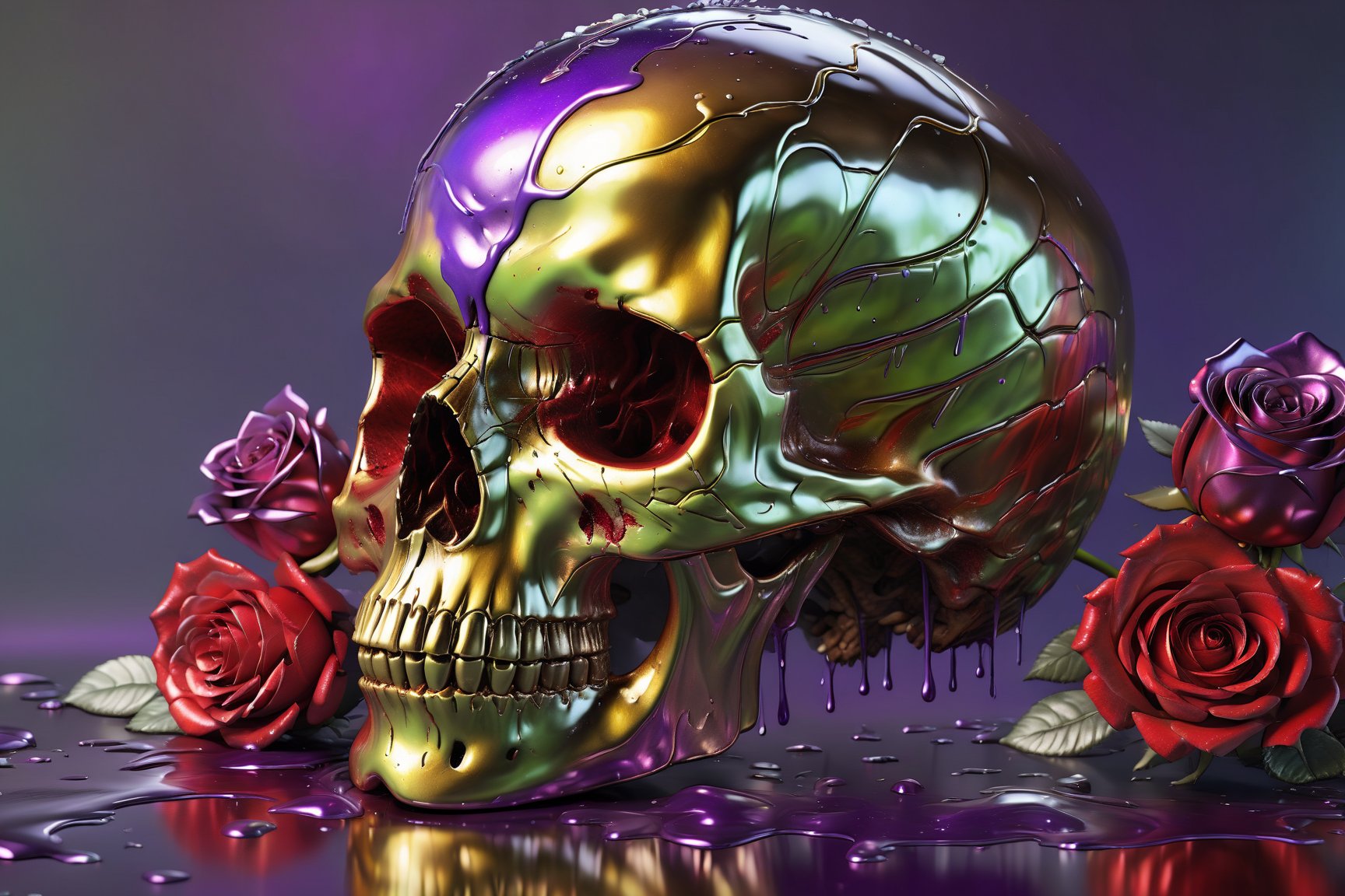 Shiny Metallic, 3d thick paint pouring over a full sized skull  coloured gold lime green purple and vibrant red, photorealistic, 8k, Sharp, in focus, detailed, bright, photorealistic, with red roses.