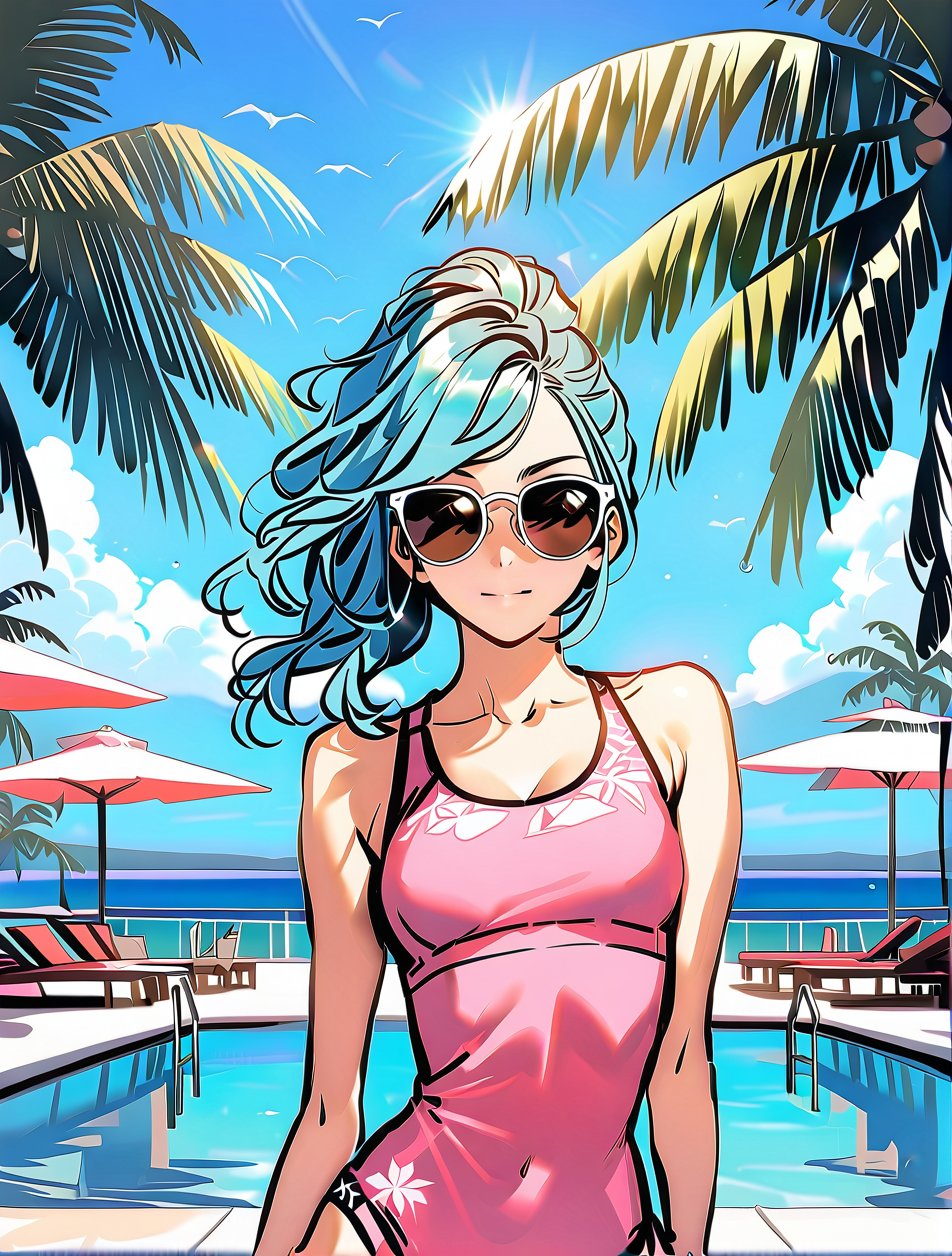 (2) serene anime girls with luscious, Turquoise hair, locks glistening with water droplets, wearing sunglasses, donning a vibrant pink swimsuit that accentuates her toned physique. Both girls are walking by  the crystal-clear waters of the oceanfront pool, surrounded by sun-kissed beach umbrellas and tranquil palm trees at a picturesque resort on a warm, sunny day.