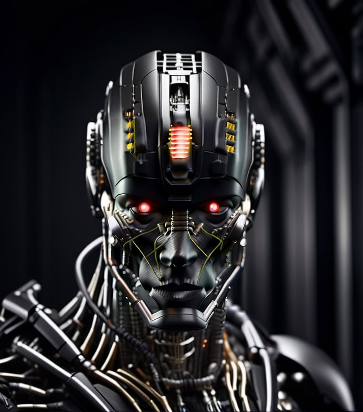 Professional photo, high defention quality, Borg cyborg,((( (Matt black))) weather worn Armor, Grey worn skin, dark shadows around eyes, ((some skin exposed on face with an cybernetic fixture on left eye, and arms)), with exterior wires, pipes on arms and round shoulders, , lattice work and layered metal plating, Cyborg implants on body and head, walking towards camera in a dark corridor, Glowing red eye laser dot on ((Left eye)),cyborg style,Ultron ,steampunk style