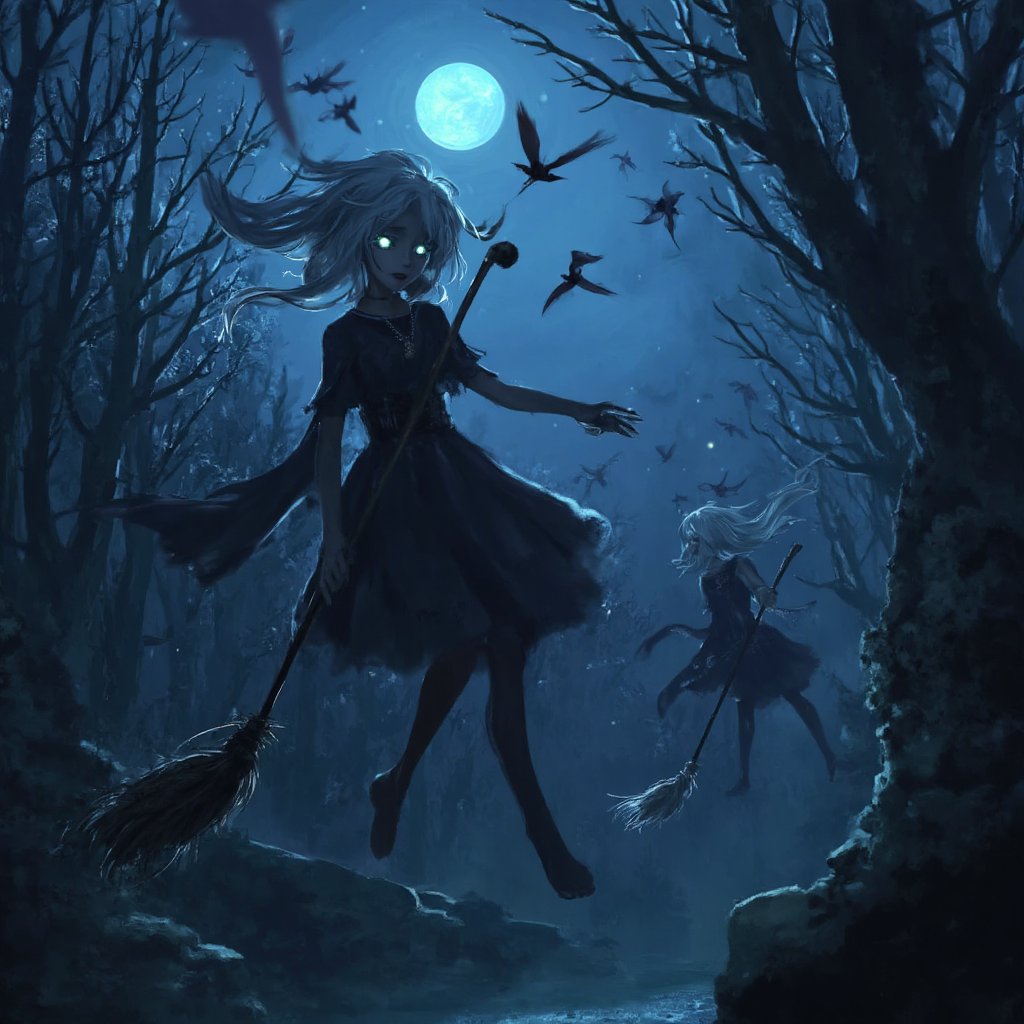 Halloween,  art style Evil Anime Witches Flying at night over a spooky forest on ((broomsticks)),  with glowing white eyes...