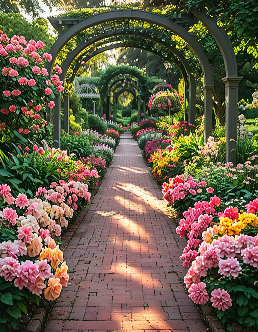 Serene morning sunlight casts warm rays upon a lush flower garden, framing vibrant blooms in velvety red, soft pink, and sunshine yellow hues against emerald green foliage. Delicate petals unfurl amidst artfully arranged leaves, capturing the gentle rustle of whispers carried on a subtle breeze within the tranquil atmosphere.