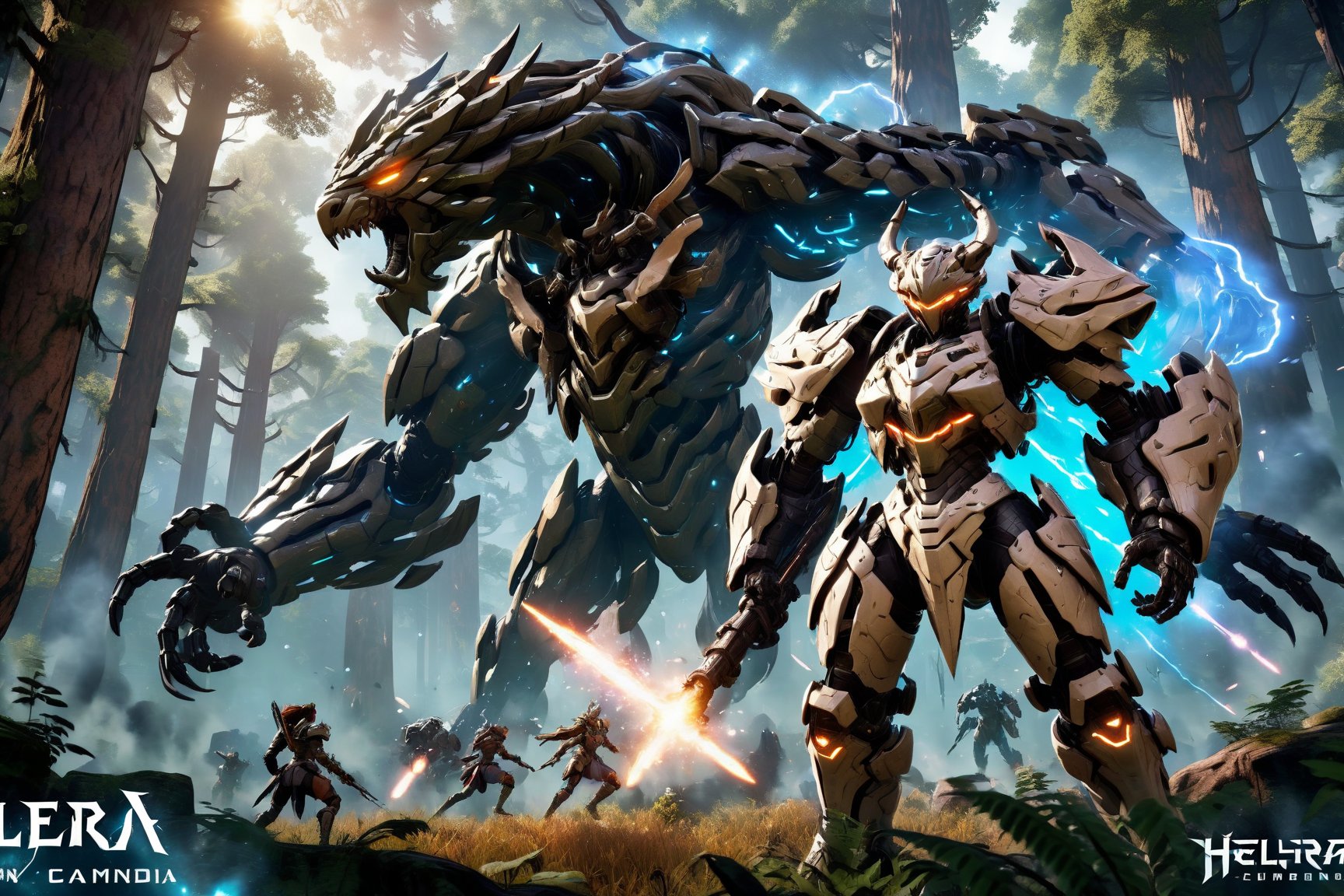 A dynamic battlefield set in a mystical forest with towering ancient trees and shimmering magical energies. Helera an AI combat partner, stands beside the player, her eyes glowing with intelligence and determination. She is dressed in a sleek, futuristic combat outfit with mystical runes etched on her armor. The player, equipped with a variety of weapons, issues a tactical command to Helera through a voice command. Helera responds instantly, launching a precise attack on a fearsome mythical creature. The background features other AI partners and players engaged in strategic combat, highlighting the deep collaboration and teamwork. Text Overlay: "Experience Unmatched Collaboration with AI Combat Partners" "Real-Time Tactical Responses and Precise Combat Support" "MageCosmos: Ultimate Nexus"