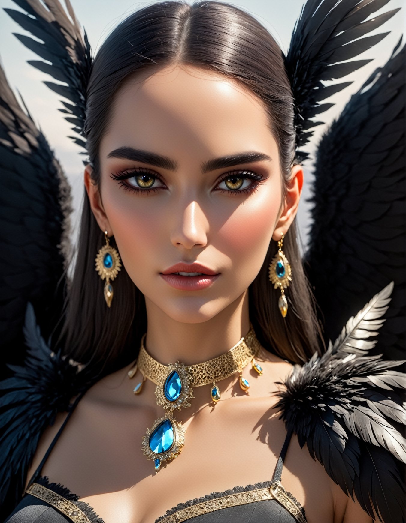 Una mujer demonio humanoide de cuerpo entero, con alas grandes y plumas negras. Su rostro es hermoso y bien definido, con ojos brillantes y una expresión enigmática. Su piel es pálida y viste una armadura oscura que refleja su naturaleza sobrenatural. El fondo es un paisaje gótico y sombrío.